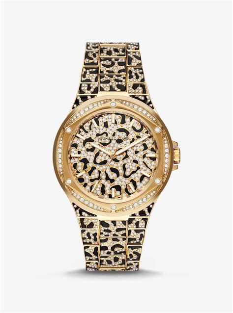 michael kors oversized lennox animal pavé gold-tone watch|michael kors lennox.